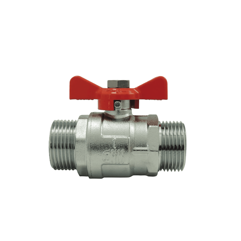 Male/Male ball valve, red butterfly handle