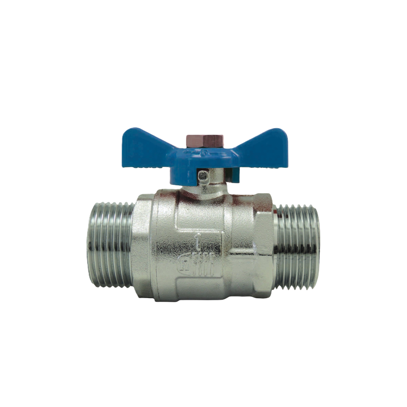 Male/Male ball valve, blue butterfly handle