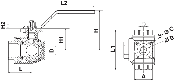 Vanne 3 voies en L F/F/F, horizontal, plan de pose et axe carré ISO 5211